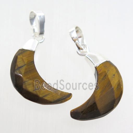 yellow Tiger eye stone crescent pendant, faceted moon, silver plated