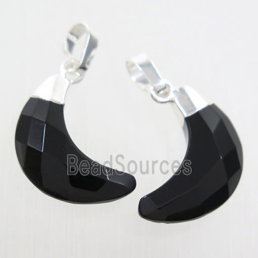 black Onyx Agate crescent pendant, faceted moon, silver plated