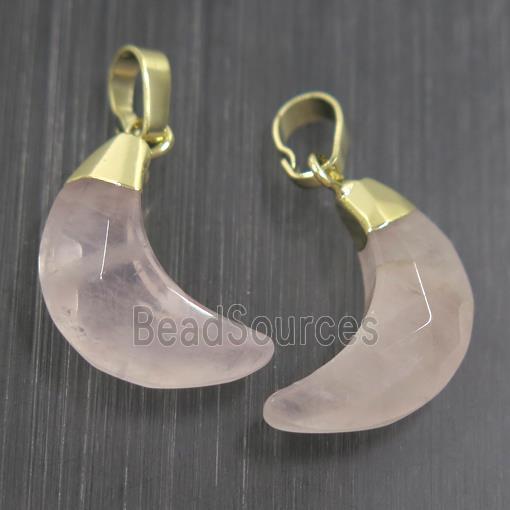 Rose Quartz crescent pendant, pink, faceted moon, gold plated