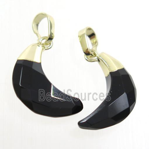 black Onyx Agate crescent pendant, faceted moon, gold plated