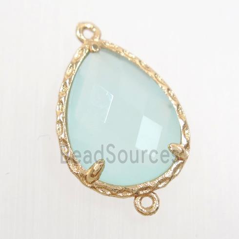 whitegreen glass connector, faceted teardrop, gold plated