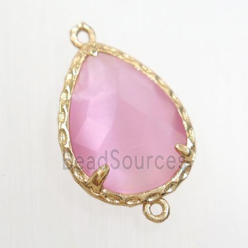 pink glass connector, faceted teardrop, gold plated