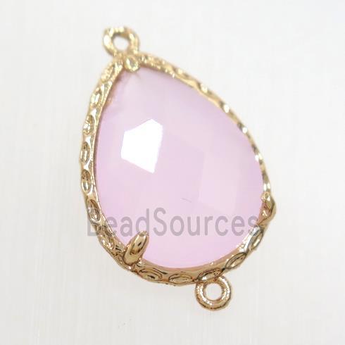 pink crystal glass connector, faceted teardrop, gold plated