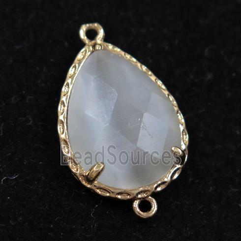 white glass connector, faceted teardrop, gold plated