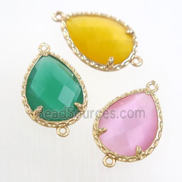 mix color glass connector, faceted teardrop, gold plated