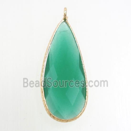 green crystal glass pendant, teardrop, gold plated