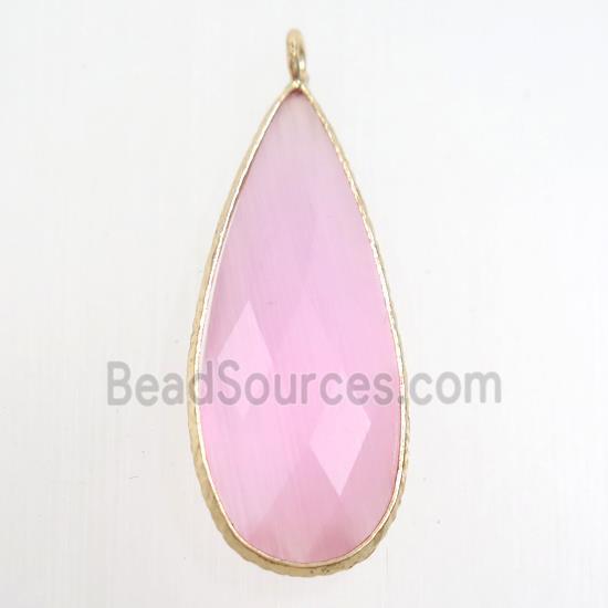 pink crystal glass pendant, teardrop, gold plated