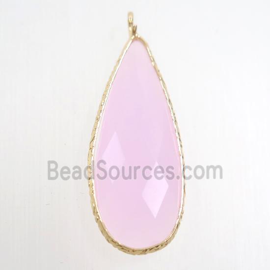 pink crystal glass pendant, teardrop, gold plated