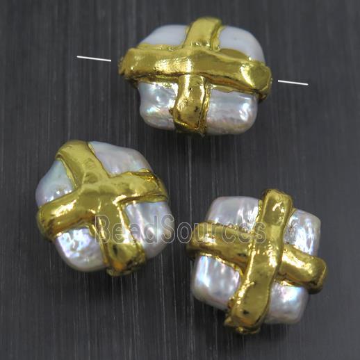 white baroque style Pearl beads, square, gold plated