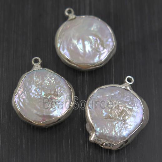 white freshwater Pearl pendants, coin, platinum plated