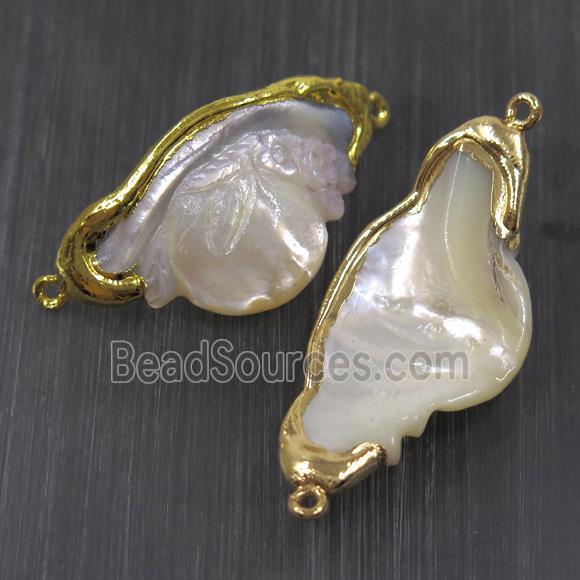 white pearlized shell connector, gold plated