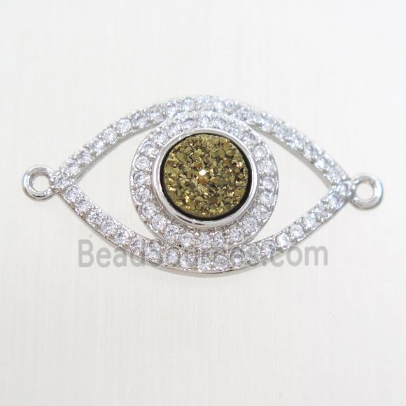 gold druzy quartz eye connector paved zircon, platinum plated