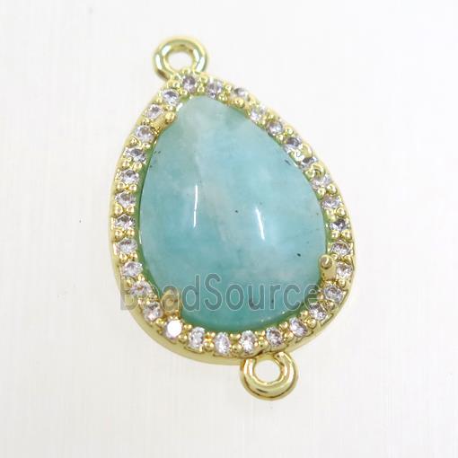 green Amazonite teardrop connector pave zircon, gold plated