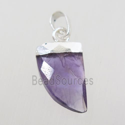 purple Amethyst horn pendant, silver plated