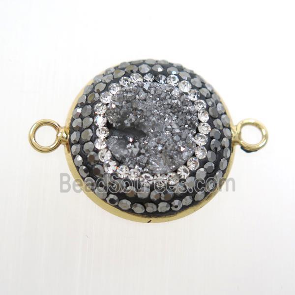 silver druzy quartz circle connector pave rhinestone, gold plated