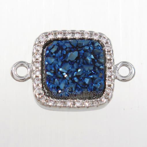 blue druzy quartz square connector pave zircon, platinum plated