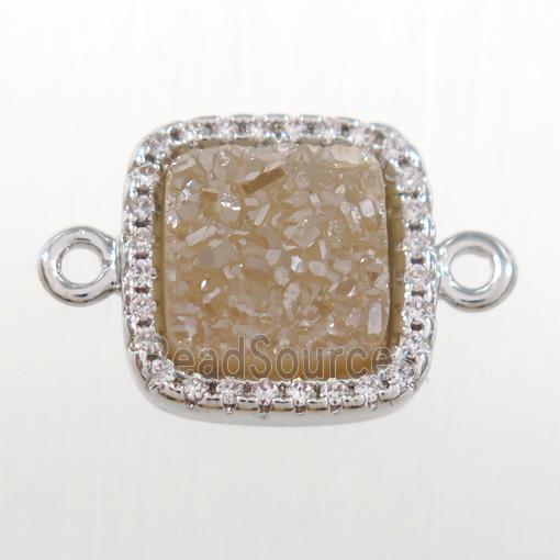 champagne druzy quartz square connector pave zircon, platinum plated