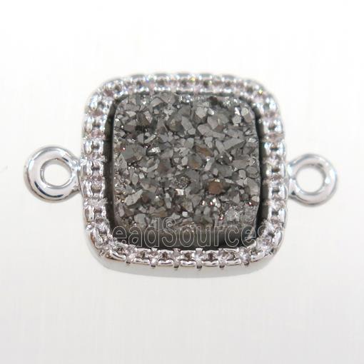 silver druzy quartz square connector pave zircon, platinum plated