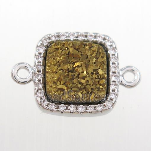 golden druzy quartz square connector pave zircon, platinum plated