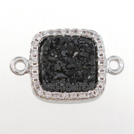 black druzy quartz square connector pave zircon, platinum plated