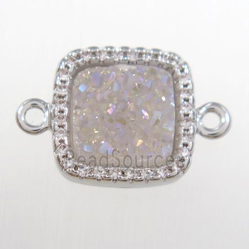 white ab-color druzy quartz square connector pave zircon, platinum plated