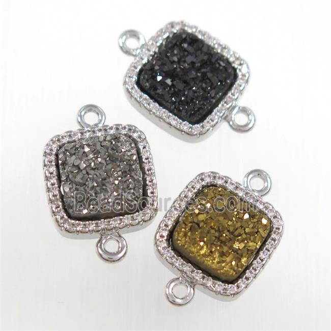 mixed color druzy quartz square connector pave zircon, platinum plated