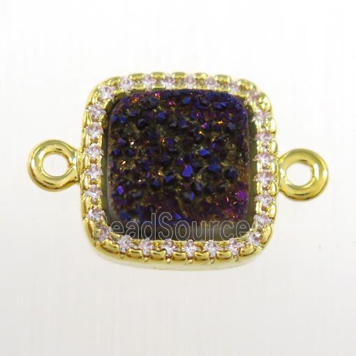 purple druzy quartz square connector pave zircon, gold plated