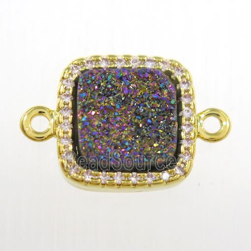 rainbow druzy quartz square connector pave zircon, gold plated