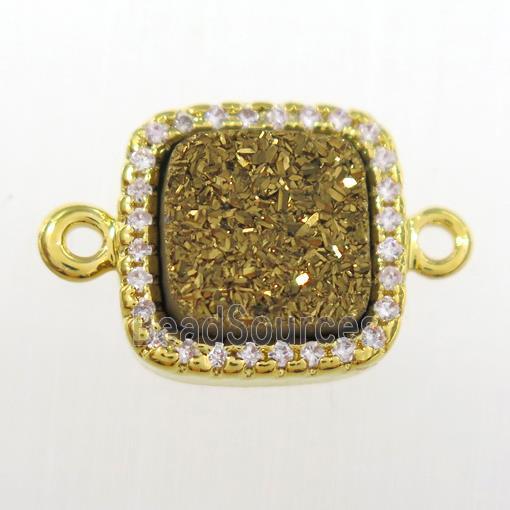 golden druzy quartz square connector pave zircon, gold plated