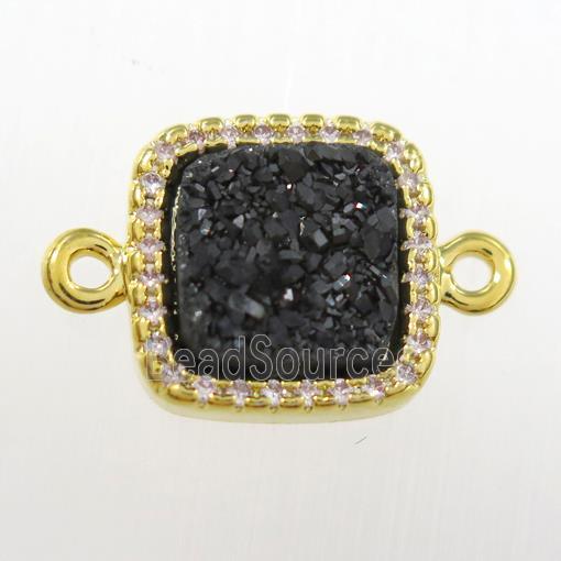 black druzy quartz square connector pave zircon, gold plated