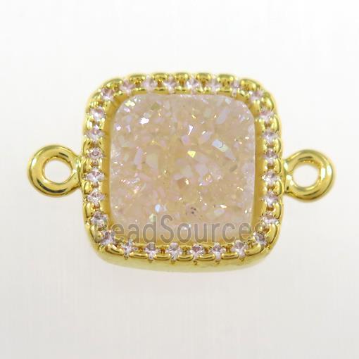 white ab-color druzy quartz square connector pave zircon, gold plated