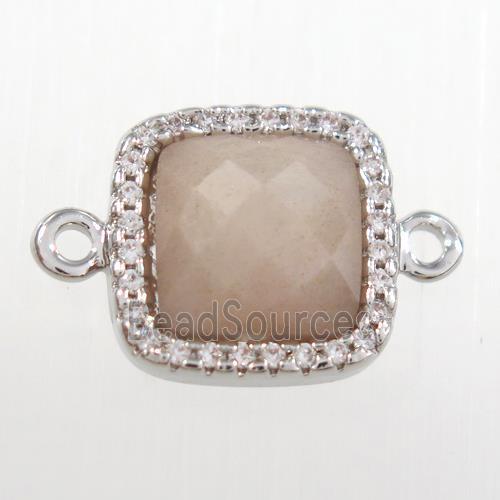 peach moonstone square connector pave zircon, platinum plated