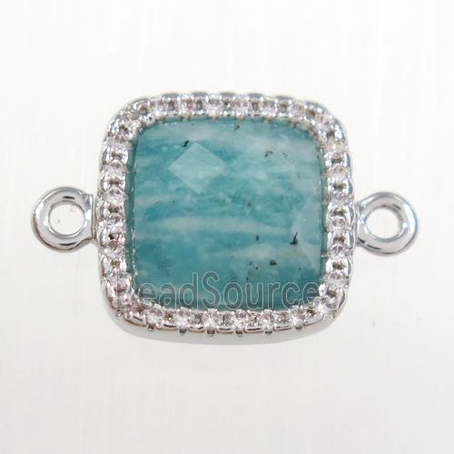 green Amazonite square connector pave zircon, platinum plated