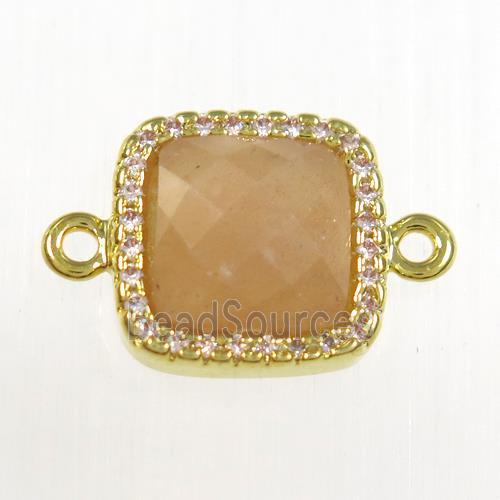 peach Moonstone square connector pave zircon, gold plated