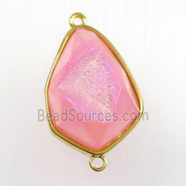 hotpink druzy agate connector, teardrop, gold plated