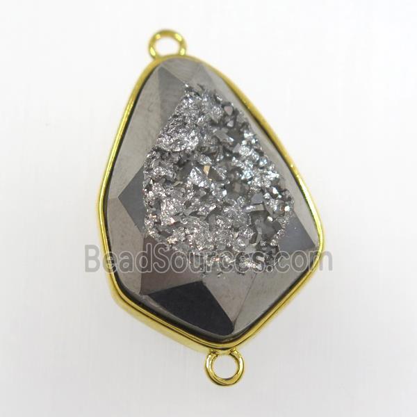 silver druzy agate connector, teardrop, gold plated