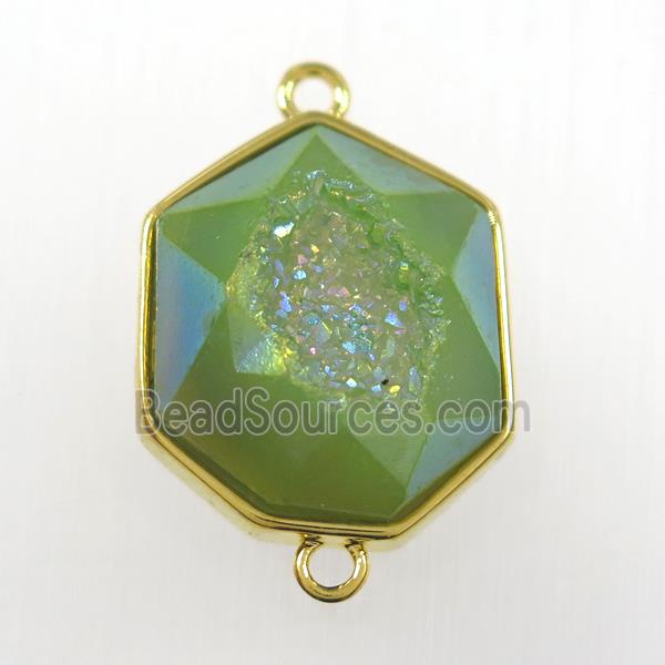 green Druzy Agate connector, hexagon, gold plated