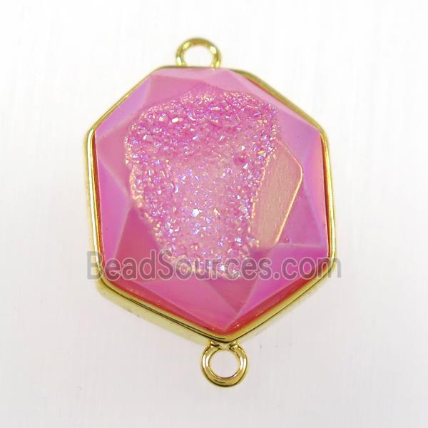 hotpink druzy agate connector, hexagon, gold plated