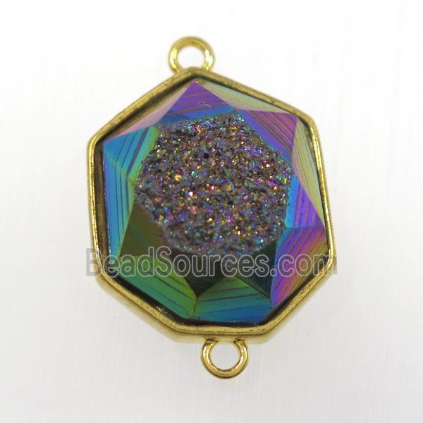 rainbow druzy agate connector, hexagon, gold plated