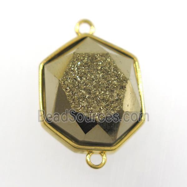 golden druzy agate connector, hexagon, gold plated