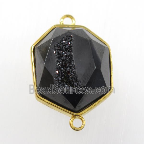 black druzy agate connector, hexagon, gold plated