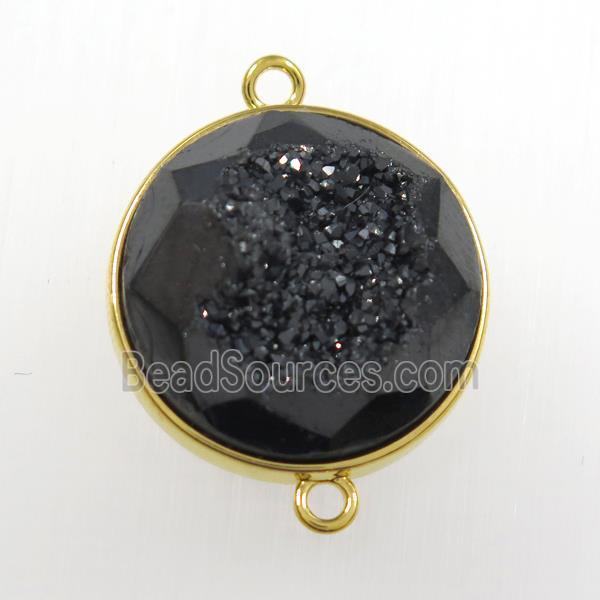 black druzy agate connector, circle, gold plated