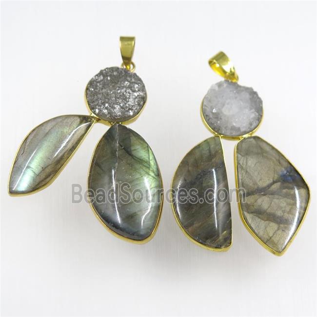 Labradorite pendants with druzy, freeform, gold plated