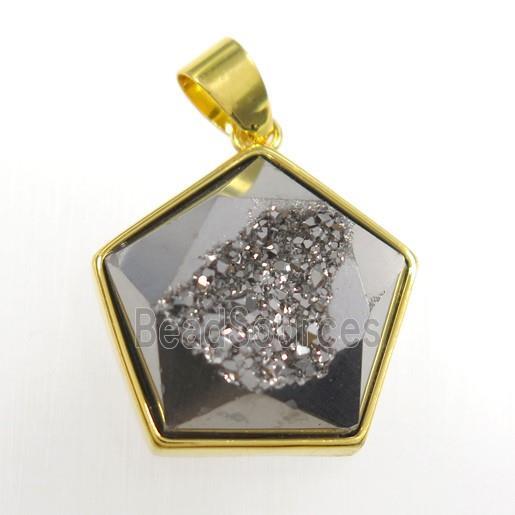 silver Druzy Agate polygon pendant