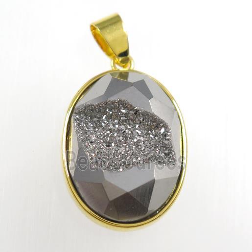 silver Druzy Agate oval pendant