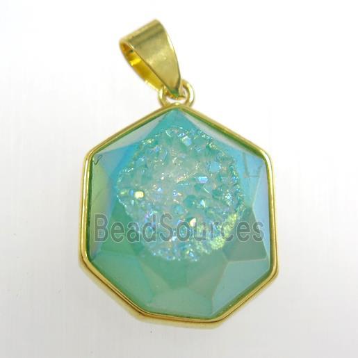 peacock green Druzy Agate polygon pendant