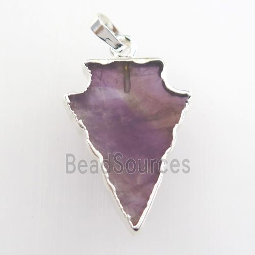 purple Amethyst pendant, arrowhead, silver plated