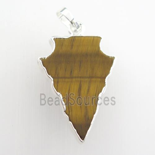 natural yellow Tiger eye stone pendant, arrowhead, silver plated