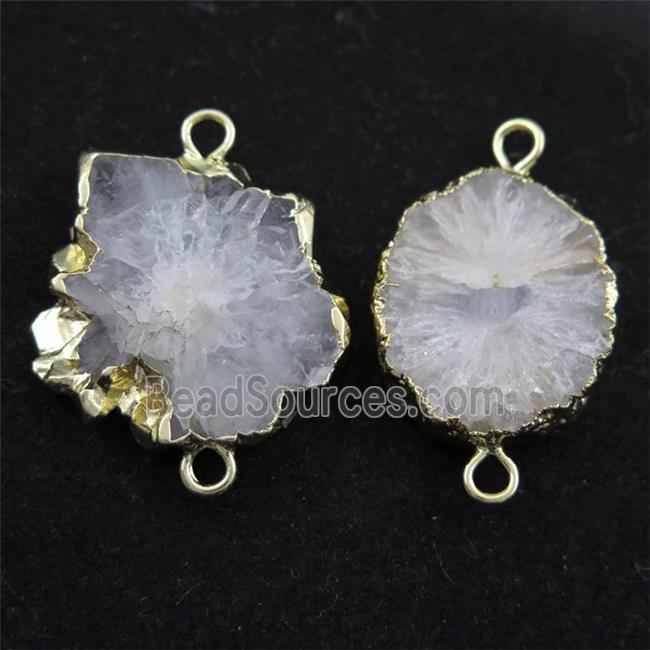 white Solar Druzy Quartz connector, freeform, gold plated