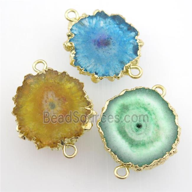 mixed color Solar Druzy Quartz connector, freeform, gold plated